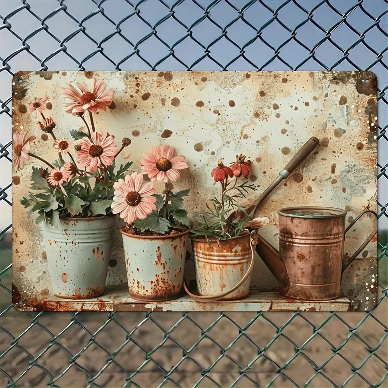 Watering Can - دلو معدني صدئ يحمل زهورًا وردية